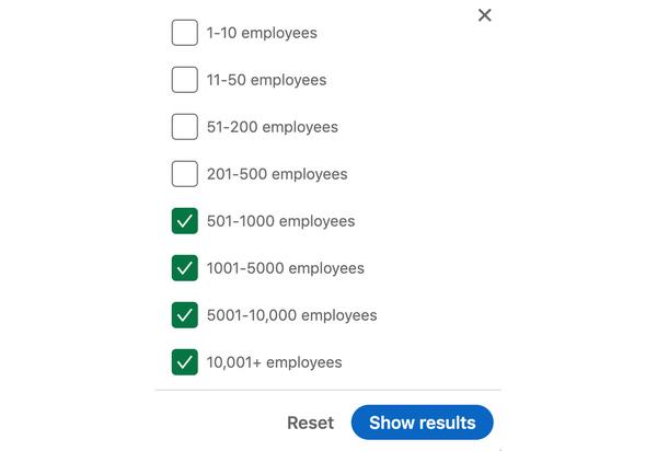 LinkedIn - výběr velikosti firmy